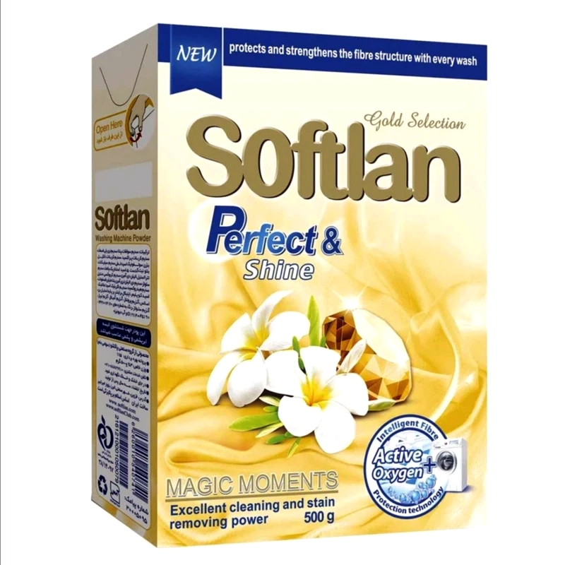 پودر لباسشویی سافتلن طلایی ۵۰۰ گرمی با فناوری Active+Oxygen و رایحه گل یاس، مناسب شستوشوی لباسهای رنگی و ظریف