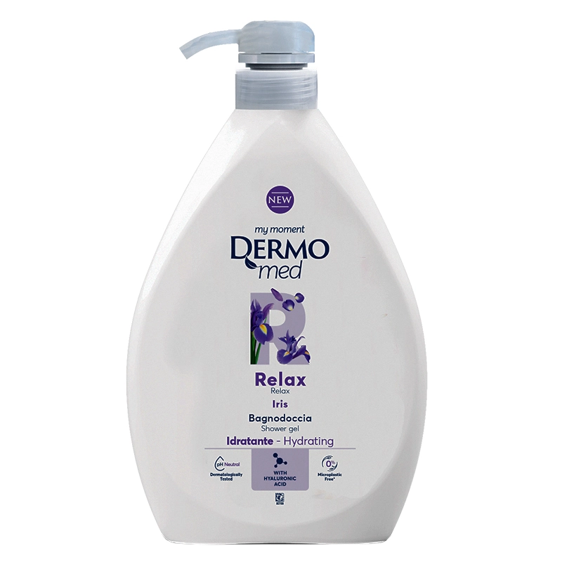 شامپو بدن درمومد مدل Relax رایحه زنبق و تالک ۱ لیتر، پاک‌کننده ملایم و آبرسان برای پوست نرم و آرام